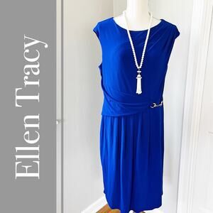 Ellen Tracy Blue Sheath Dress with Gold Chain Detail